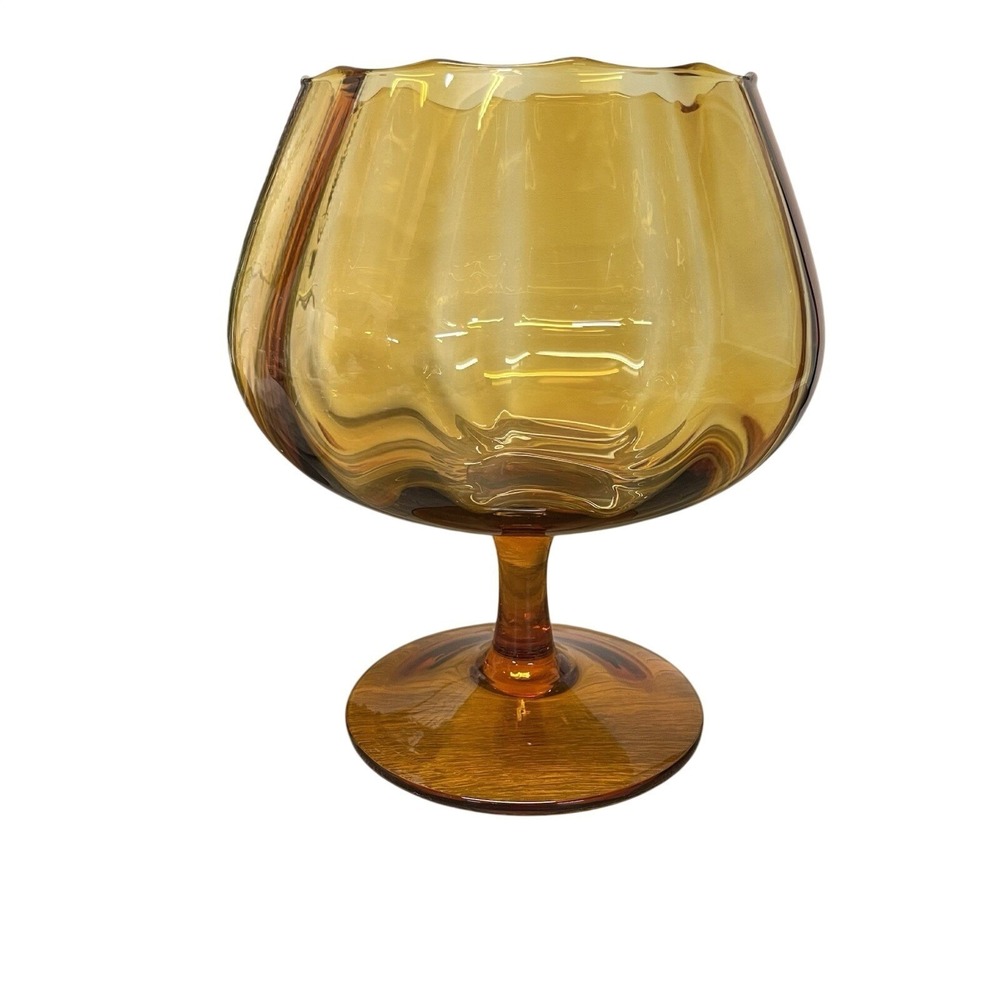 Vintage Italian Amber Glass Brandy Snifter Vase Optic Ribbed Scalloped Rim 8in